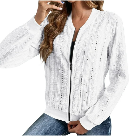 UAMVSH Women's Long Sleeve Sweatshirt Jackets Casual Full Zipper Lightweight Coats Trendy Eyelet Vacation Work Outwear(X-Large,White)