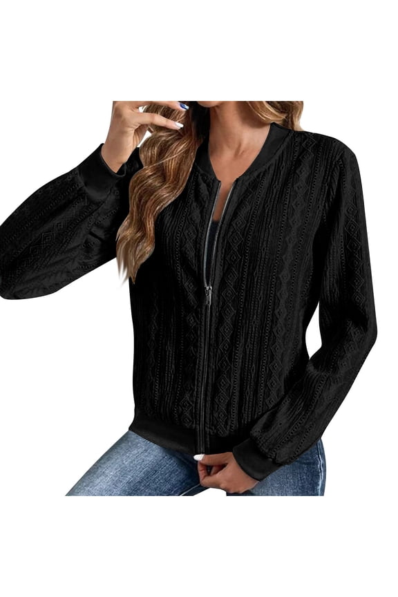 Women's Long Sleeve Sweatshirt Jackets Casual Full Zipper Lightweight Coats Trendy Eyelet Vacation Work Outwear(XX-Large,Black)