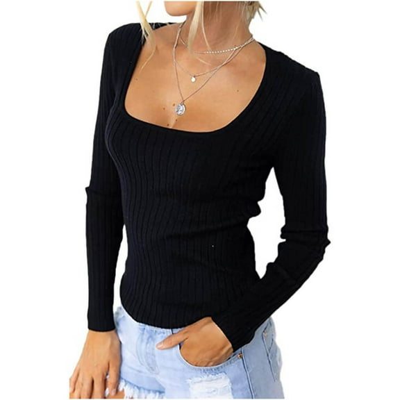 UAMVSH Women's Long Sleeve Tops Casual Square Neck Ribbed Knit Layer Basic Shirts Trendy Fall Slim Fit Going out Workout Blouses(Large,Black)