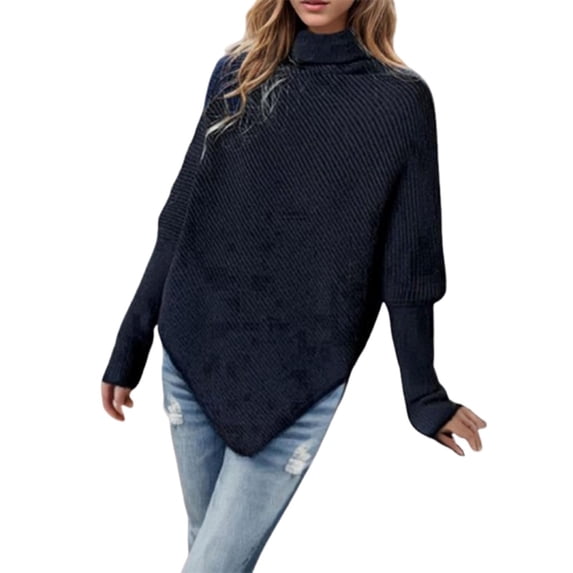 UAMVSH Women's Long Sleeve Turtleneck Knitted Sweaters Fashion Asymmetric Hem Oversized Fall Winter Sweaters Casual Pullover Tops(Small,Black)