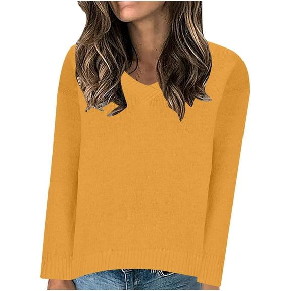 UAMVSH Women's Long Sleeve V-Neck Sweaters Classic Fall Lightweight Pullover Tops Soft Solid Color Casual Sweaters Ladies Outfits(Medium,Yellow)