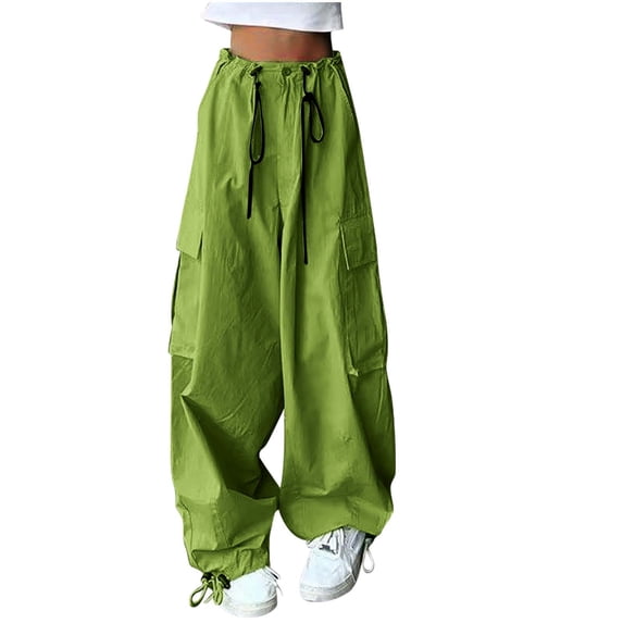 UAMVSH Women's Loose Fit Cargo Pants Slack Palazzo Wide Leg Drawstring Pants with Pockets Trendy Vintage Streetwear Pants(3X-Large,Green)