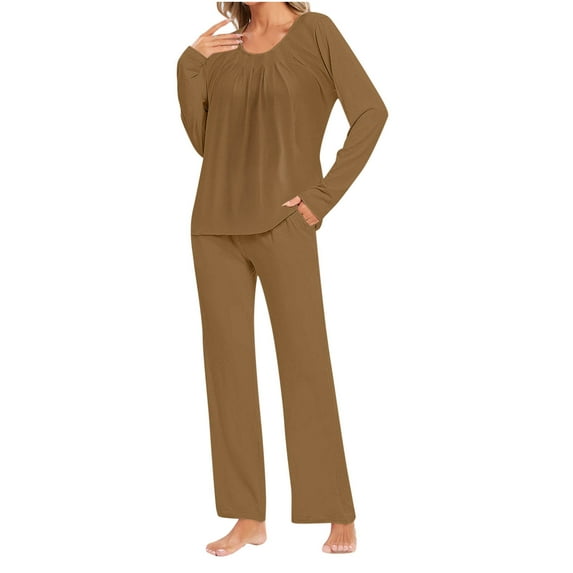 UAMVSH Women's Loungewear Sets Pleated Long Sleeve Shirts and Pants Pajama Sets Casual Cute Crewneck Comfy Sleepwear with Pockets