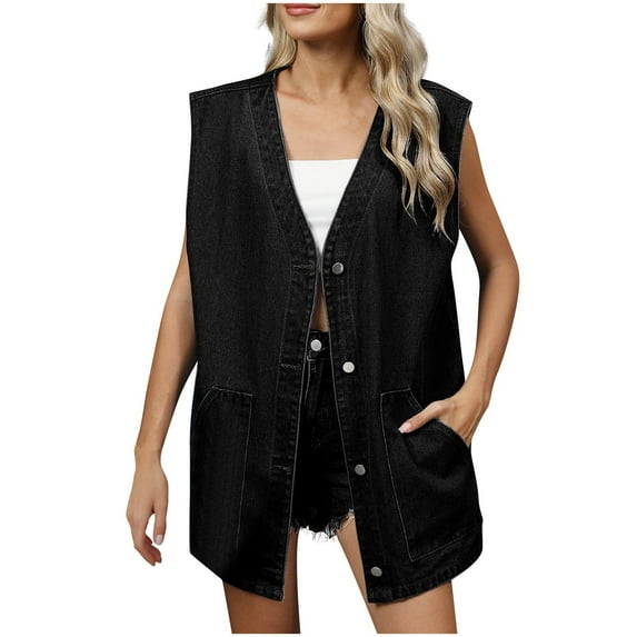 UAMVSH Women's Oversized Denim Vest Loose Fit Button down Sleeveless Waistcoat Jeans Jacket Tops with Pockets Ladies Fashion(Small,Black)