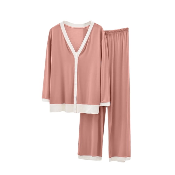 UAMVSH Women's Pajama Sets Button Down Sleepwear Color Block V Neck Tops and Pants Set Oversized Comfy Loungewear Two Piece Outfits