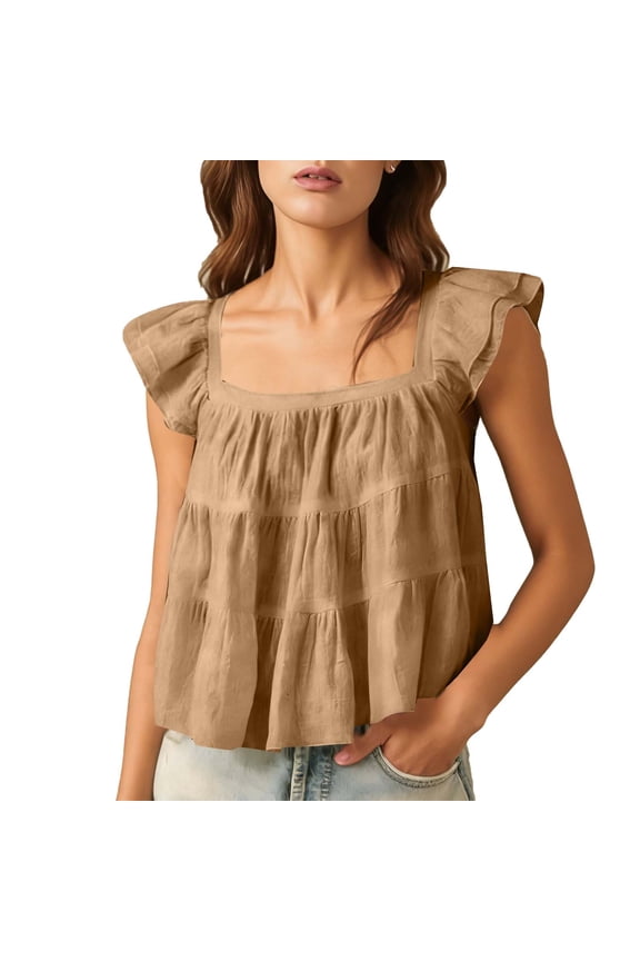 Women's Peplum Crop Top Ruffle Cap Sleeve Babydoll Blouses Casual Backless Square Neck T Shirt Going Out Outfits