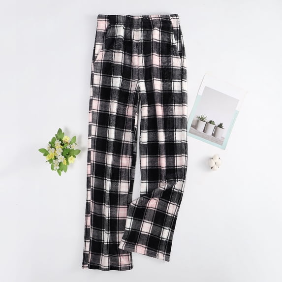 UAMVSH Women's Plaid Pajama Pants Fleece Warm Wide Leg Sleep Pants Fall Winter Casual Comfy Soft Elastic Waist Pj Bottoms with Pockets