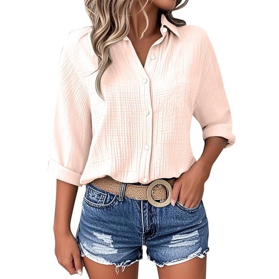UAMVSH Women's Plus Size Button Down Shirts 3/4 Sleeve Blouse Textured Collared Work Tops Business Casual Outfits S-5XL