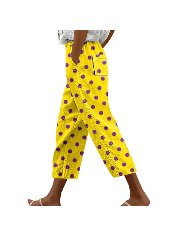 Women's Plus Size Capri Pants Polka Dot Print Loose Wide Leg Cropped Pants Casual Cute Lounge Trousers with Drawstring