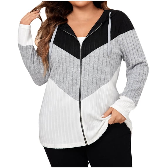 UAMVSH Women's Plus Size Lightweight Knitted Cardigans Full Zipper Color Block Trendy Long Sleeve Hoodie Casual Fall Outwear(3X-Large,Black)
