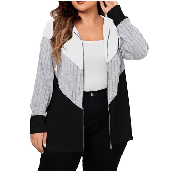 UAMVSH Women's Plus Size Lightweight Knitted Cardigans Full Zipper Color Block Trendy Long Sleeve Hoodie Casual Fall Outwear(X-Large,White)