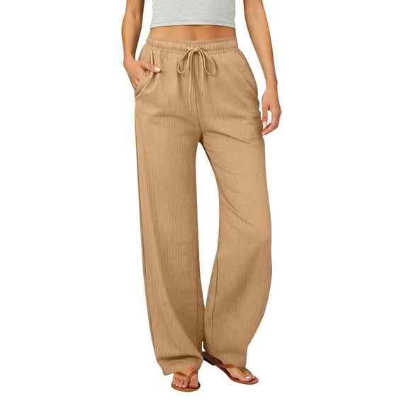 UAMVSH Women's Plus Size Linen Pants with Pockets Comfy Drawstring Elastic Waist Pants Breathable Casual Pleated Wide Leg Trousers