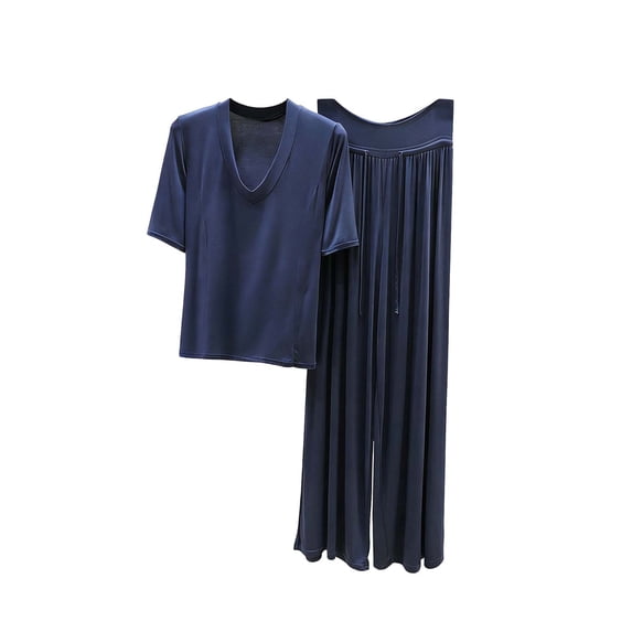 UAMVSH Women's Plus Size Pajama Sets Loose V Neck Short Sleeve Top with Drawstring Pants Pjs Set 2 Piece Soft Nightwear