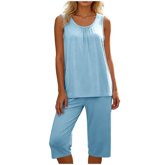UAMVSH Women's Plus Size Pajama Sets Pleated Crewnewck Tank Top with Bermuda Shorts Sleepwear Set Soft 2 Piece Lounge Set