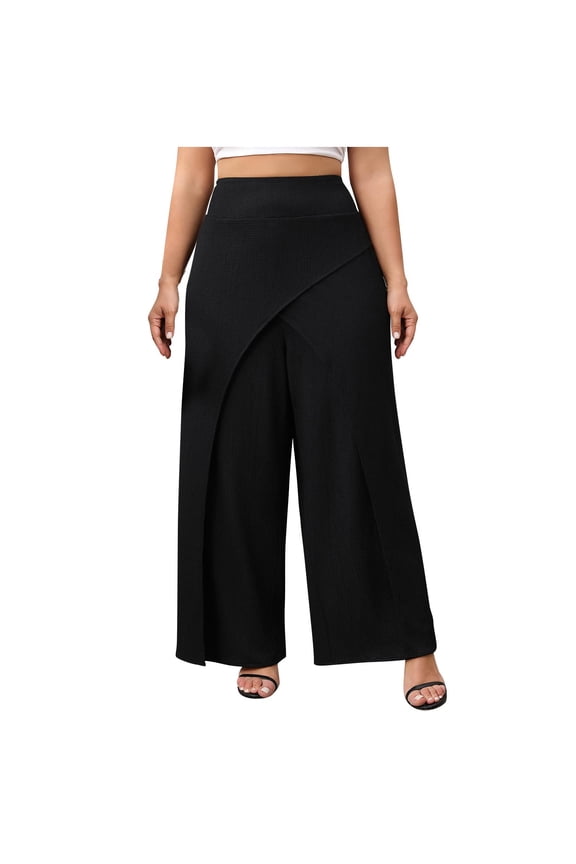 Women's Plus Size Pants Wide Leg High Waisted Wrap Palazzo Slack Pants Trendy Casual Vacation Work Flowy Pants Dressy Outfits(X-Large,Black)