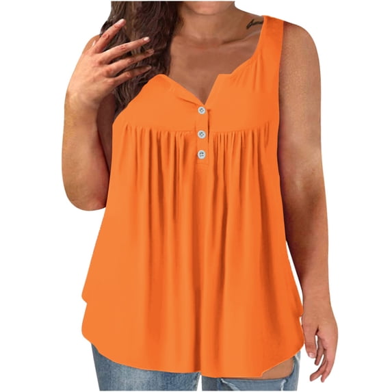 UAMVSH Women's Plus Size Tank Tops Pleated Sleeveless Summer T-Shirt Oversized Casual Button Crewneck Solid Basic Tees L-4XL