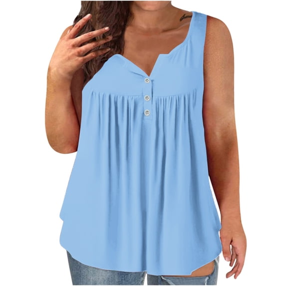 UAMVSH Women's Plus Size Tank Tops Pleated Sleeveless Summer T-Shirt Oversized Casual Button Crewneck Solid Basic Tees L-4XL