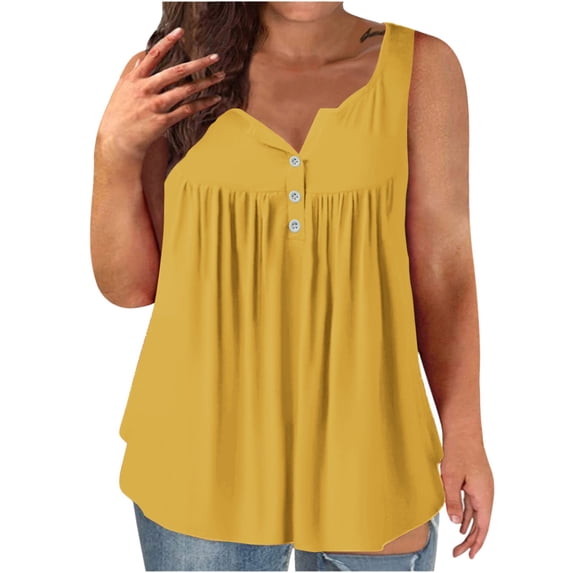 UAMVSH Women's Plus Size Tank Tops Pleated Sleeveless Summer T-Shirt Oversized Casual Button Crewneck Solid Basic Tees L-4XL