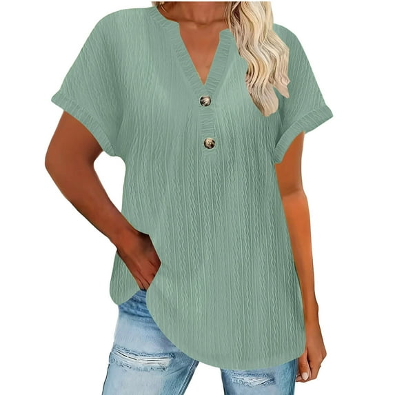 UAMVSH Women's Plus Size Tops Short Sleeve Button T-Shirt Textured Casual V Neck Tunic Shirts Going Out Outfits S-5XL