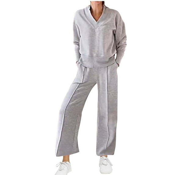 UAMVSH Women's Plus Size V-Neck Tops and Wide Leg Pants Two Piece Sets Long Sleeve Sweatshirt Tracksuits Lounge Outfits with Pockets(XX-LargeGray 1)