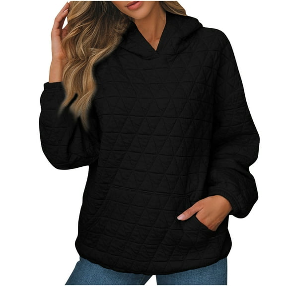 UAMVSH Women's Quilted Hoodies Textured Long Sleeve Knit Pullover Comfy Soft Warm Casual Hooded Tops with Pocket Winter Clothing