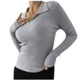 thumbnail image 1 of UAMVSH Women's Ribbed Knitted Sweaters Slim Fit Long Sleeve Casual Tunic Tops Lightweight Lapel V-Neck Work Layering Dressy Sweater Pullover(Small,Gray), 1 of 4