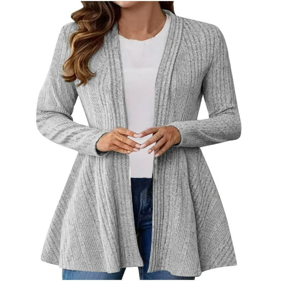 UAMVSH Women's Ruffle Hem Cardigan Open Front Long Sleeve Dusters Casual Loose Knitted Fall Solid Color Tunic Outwear Fashion Outfits(X-Large,Gray)