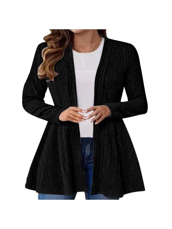 Women's Ruffle Hem Cardigan Open Front Long Sleeve Dusters Casual Loose Knitted Fall Solid Color Tunic Outwear Fashion Outfits(XX-Large,Black)