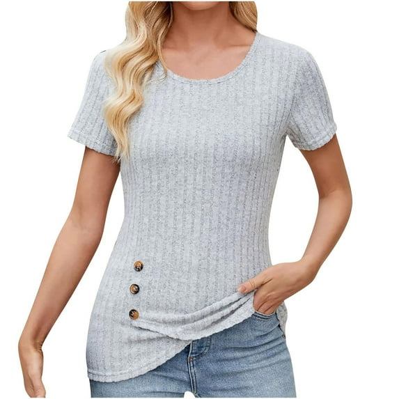 UAMVSH Women's Short Sleeve Crew Neck T Shirts Summer Ribbed Knit Slim Basic Solid Color Tee Tops
