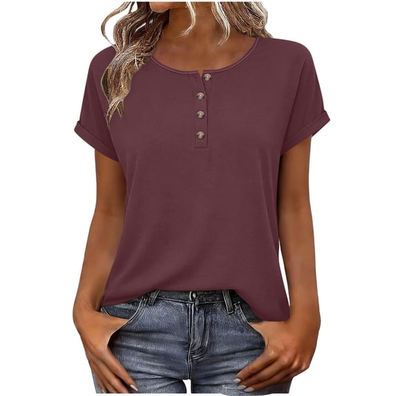 UAMVSH Women's Short Sleeve Tops Casual Summer Basic Tee Shirts Soft Crewneck Loose Fit Henley T-Shirt Spring Outfits