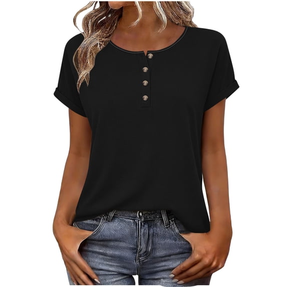 UAMVSH Women's Short Sleeve Tops Casual Summer Basic Tee Shirts Soft Crewneck Loose Fit Henley T-Shirt Spring Outfits