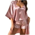 thumbnail image 1 of UAMVSH Satin Pajama Set for Women 3 Piece Open Front Cardigan and Crop Tops Comfy Soft Ruffle Hem Shorts Nightwear, 1 of 3