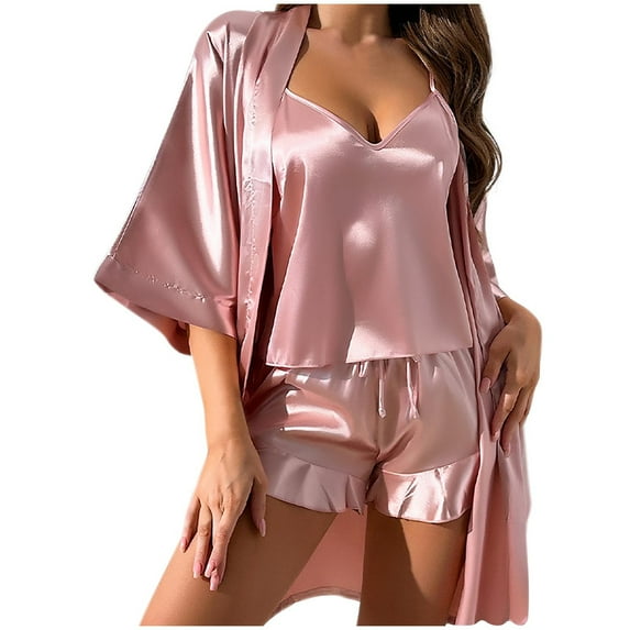 UAMVSH Satin Pajama Set for Women 3 Piece Open Front Cardigan and Crop Tops Comfy Soft Ruffle Hem Shorts Nightwear