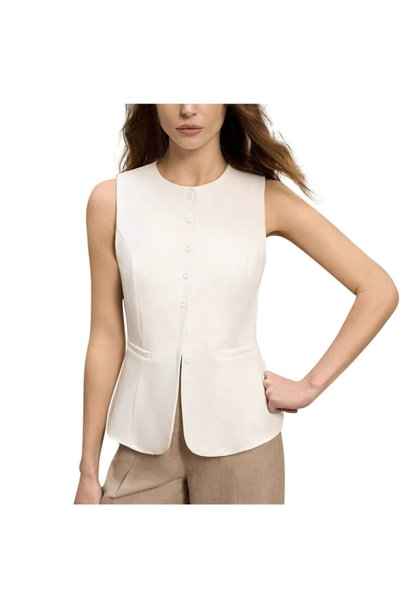 Women's Sleeveless Blazer Vests Fashion Slim Fit Casual Waistcoat Lightweight Button down Dressy Jackets with Pockets(Medium,White)
