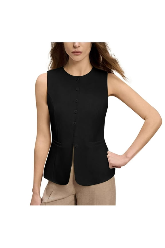 Women's Sleeveless Blazer Vests Fashion Slim Fit Casual Waistcoat Lightweight Button down Dressy Jackets with Pockets(Small,Black)