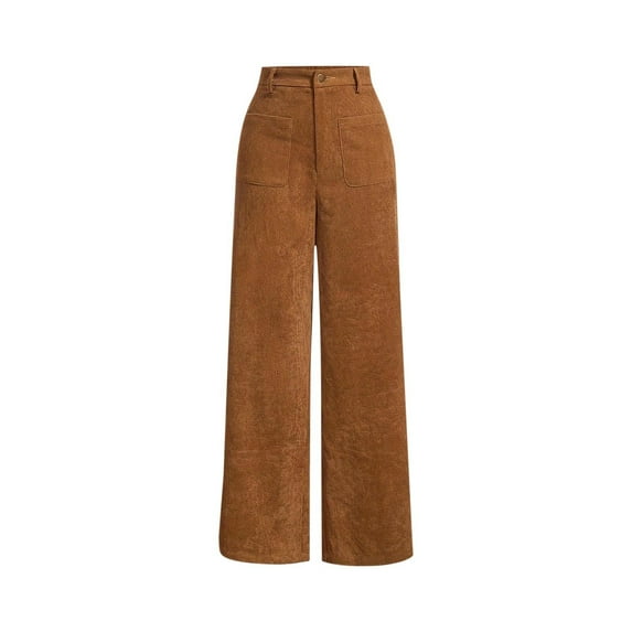 UAMVSH Women's Solid Color Corduroy Wide Leg Pants Button Front Soft Pants with Pockets Casual Fall Vintage Vacation Work Dress Pants(Small,Brown)