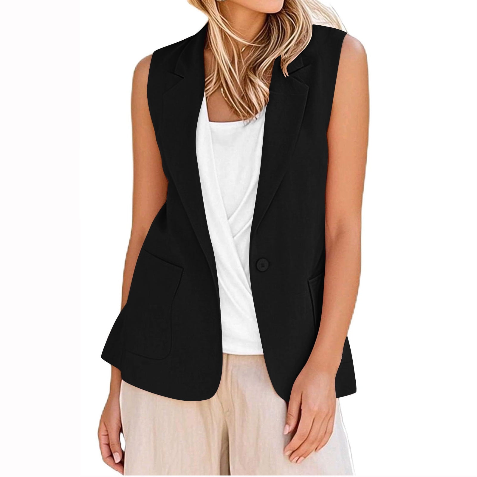 Women Formal Vest Coat Sleeveless V Neck Blazers Suit One Button Jacket