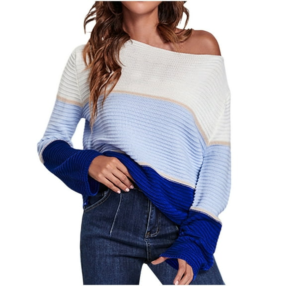 UAMVSH Women's Striped Color Block Sweaters Trendy Long Sleeve Crew Neck Casual Loose Fit Soft Knitted Sweaters Pullover Tops(Small,Blue)