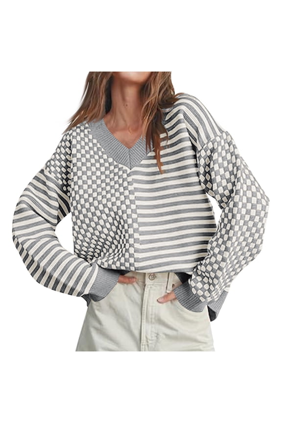 Women's Striped Plaid Sweaters Trendy V Neck Fall Sweaters Tops Oversized Knitted Printed Pullover Casual Long Sleeve Outfits(Small,Gray 1)