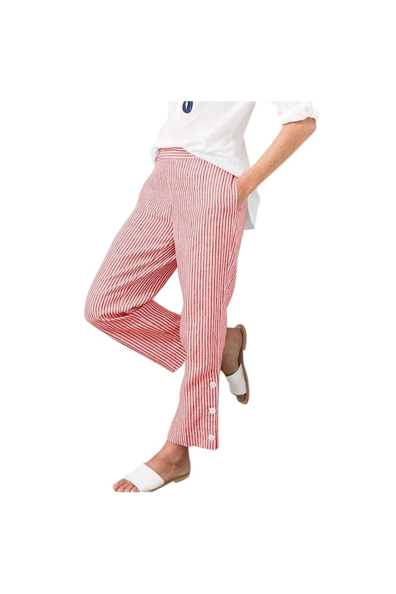 Women's Striped Printed Pants Button Slit Fashion Lounge Pants Soft Lightweight Vacation Work Dressy Pants with Pockets(X-Large,Pink)