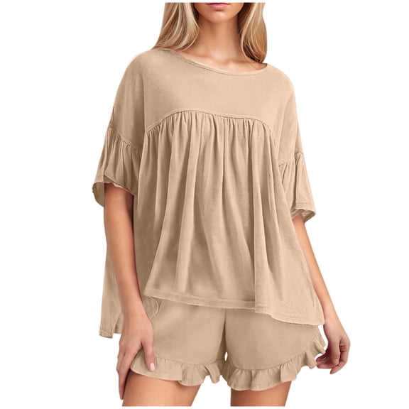 UAMVSH Women's Summer Fall 2 Piece Outfits Trendy Ruffle Short Sleeve Tops Matching Shorts Sets Casual Loose Fit Flowy Shirts Loungewear(SmallKhaki)