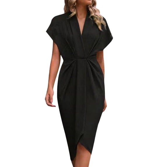 UAMVSH Women's Summer Midi Dress Short Sleeve V Neck Work Dress Split Front Flowy Ruched Dresses Business Casual Outfits