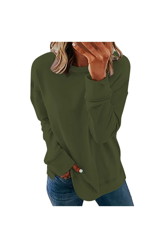 Long Sleeve Sweatshirts for Women Casual Crew Neck Basic Pullover Tops Loose Fit Drop Shoulder Shirts Ladies Outfits(Large,Army Green)