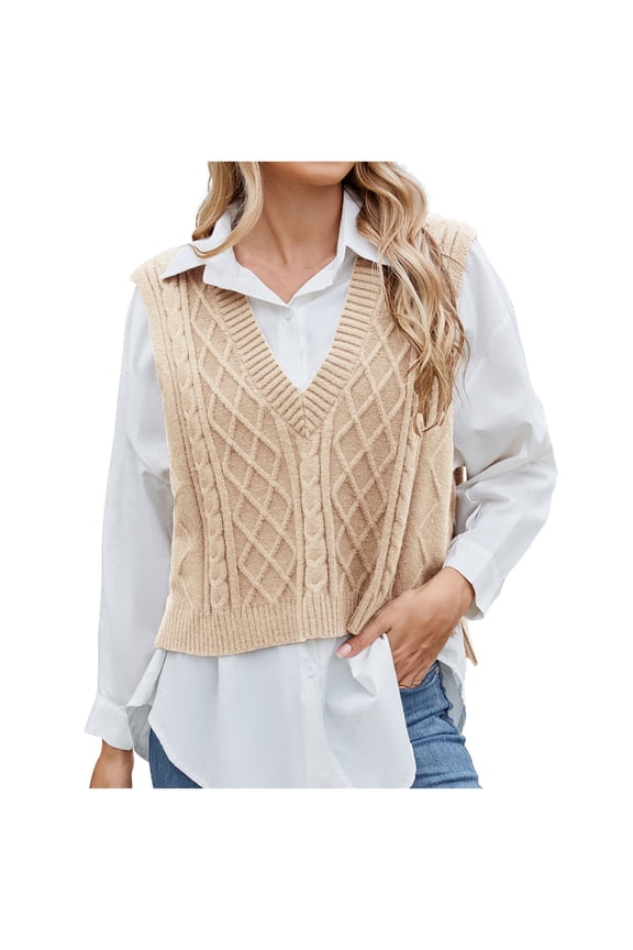 Women's Sweater Vests V Neck Sleeveless Casual Cable Knitted Cropped Pullover Sweaters Loose Fit Tank Tops Ladies Outfits(Small,Beige)