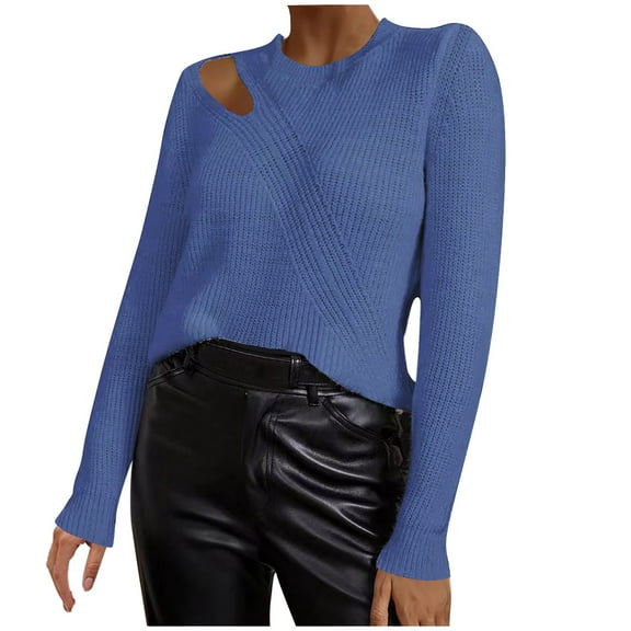 UAMVSH Sweaters for Women Trendy Cutout Long Sleeve Pullover Tops Lightweight Knitted Going Out Sweaters Ladies Fall Fashion(X-Large,Blue)