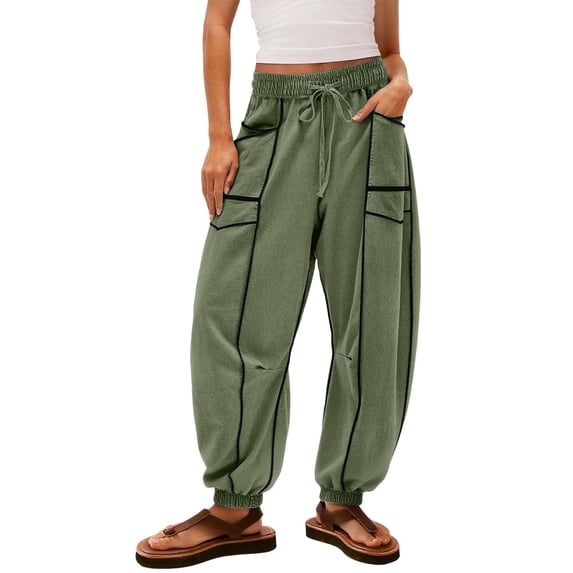UAMVSH Women's Sweatpants with Drawstring Trendy Patchwork Wide Leg Jogger Pants Fall Loose Fit Cinch Bottom Athletic Pants(XX-Large,Army Green)