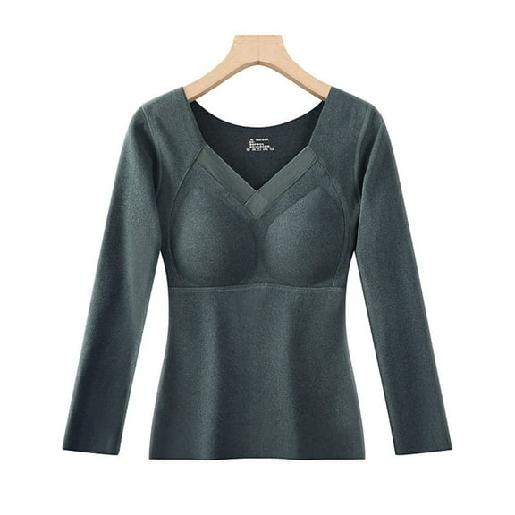 UAMVSH Women's Thermal Tops Long Sleeve Shirts Fleece Lined Underwear with Bras Fall V Neck Base Layer Underwear