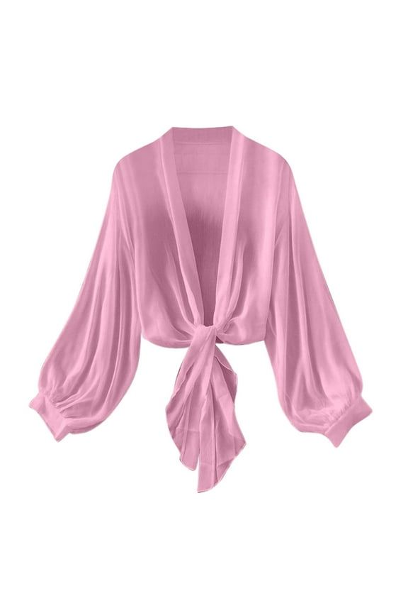 Women's Tie Front Chiffon Cardigans Elegant Long Lantern Sleeve Vacation Dressy Bolero Shrug Cropped Flowy Shawl Tops(Medium,Pink)