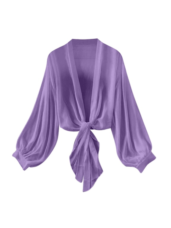 Women's Tie Front Chiffon Cardigans Elegant Long Lantern Sleeve Vacation Dressy Bolero Shrug Cropped Flowy Shawl Tops(Medium,Purple)