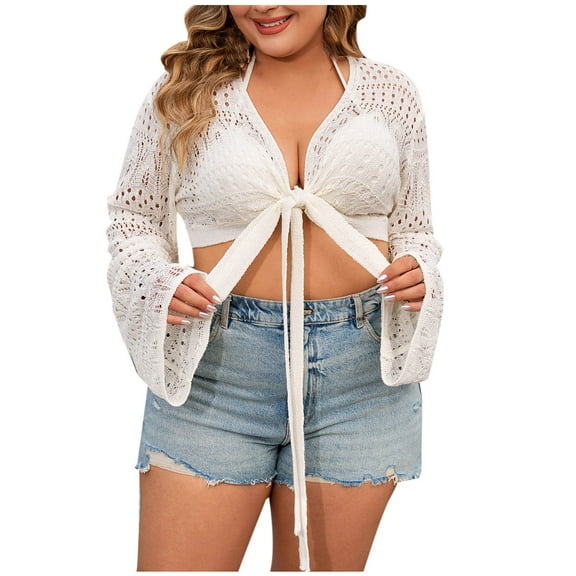 UAMVSH Women's Tie Front Hollow out Cardigans Plus Size Long Bell Sleeve Crochet Knitwear Cover Ups Trendy Cropped Boho Beach Tops(X-Large,White)